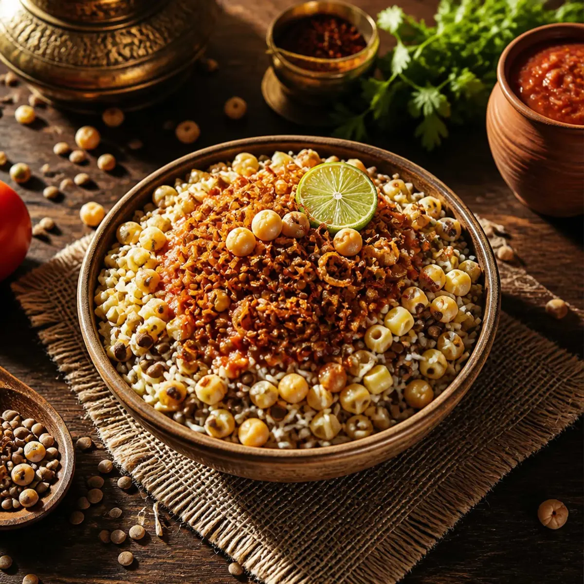 Bol de kochari — riz, lentilles, pâtes, pois chiches, sauce tomate et oignons frits, chez KOCHA, restaurant égyptien à Paris 1er